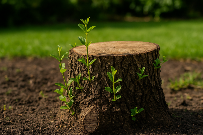 Boomstronk met kleine groene scheuten in de tuin