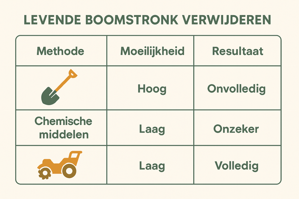 Infographic met drie methodes voor boomstronk verwijderen