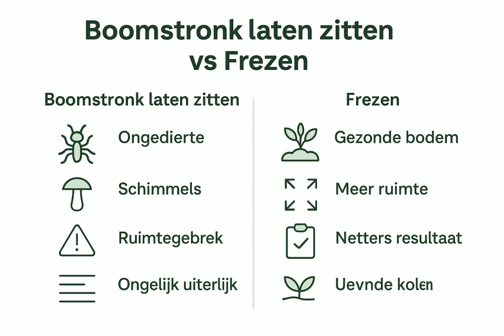 Vergelijking van boomstronk laten zitten of frezen.