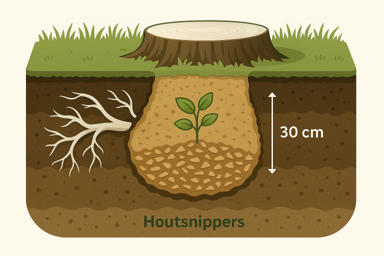 Illustratie van stobbenfrees die boomstronk tot 30 cm diepte verwijdert.