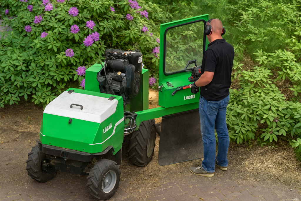 Kleine stobbenfrees verwijdert boomstronk in smalle tuin.